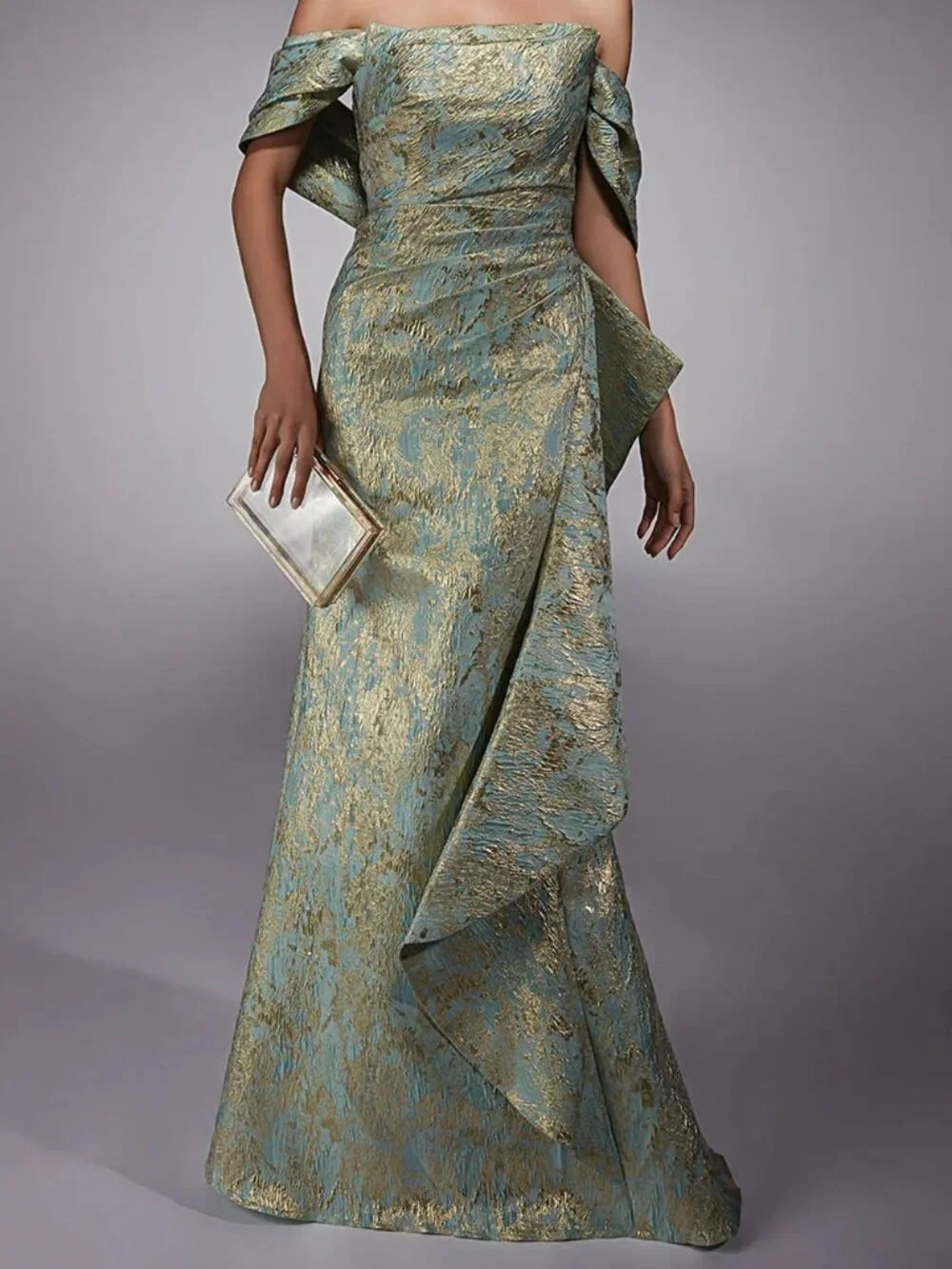 NWT Alyce Paris 27750 Jacquard Mermaid Dress Formal Gown Sea Glass-Gold size 6